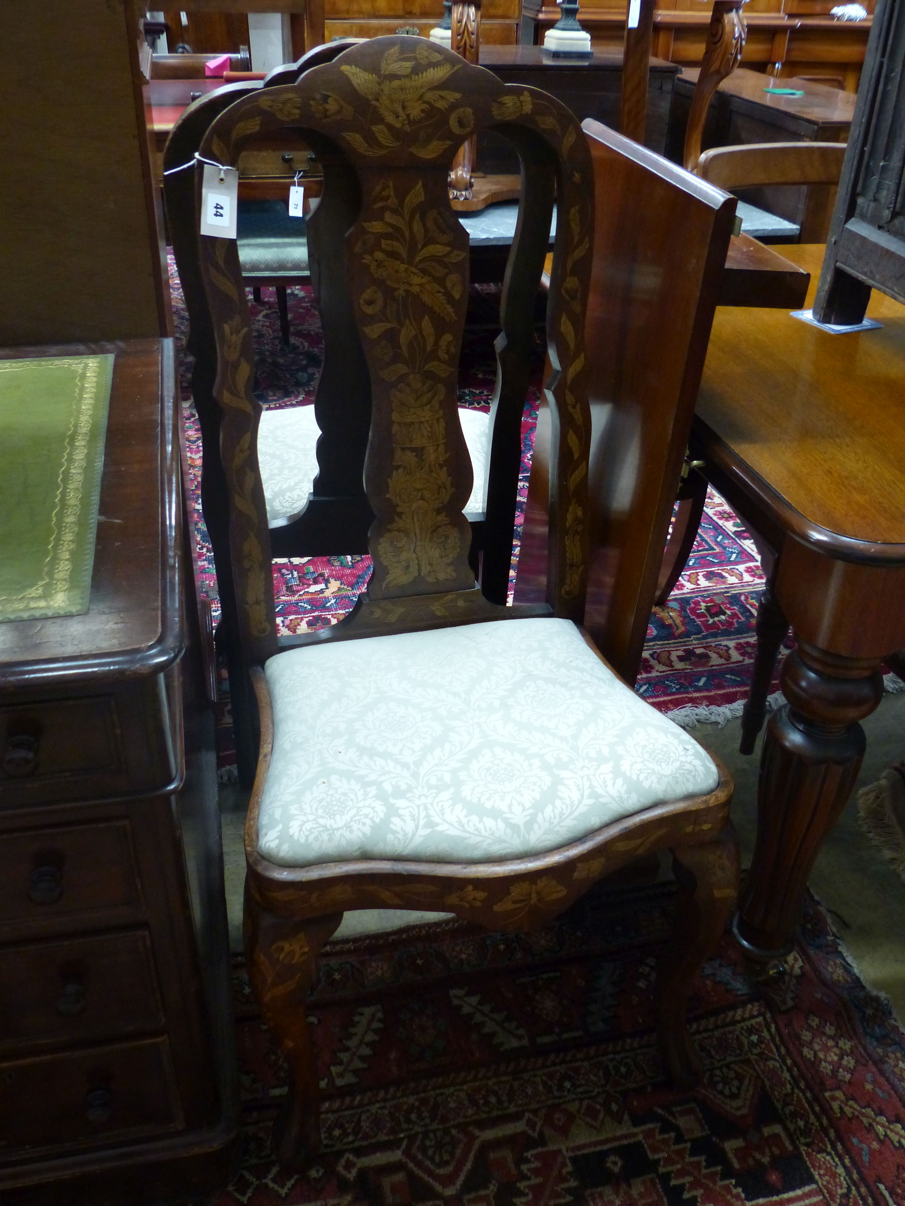A pair of Dutch marquetry and beech side chairs
